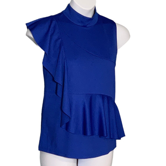 Ashro Size Medium Silky Blouse Blue Ruffled Back Zip Stretch Glam Cocktail Party - Picture 1 of 8